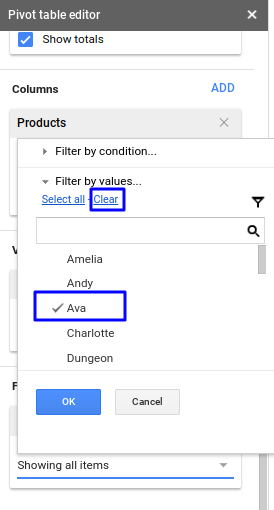 Clear all the value and choose the person you want to analyze in Google Sheets Pivot Table.