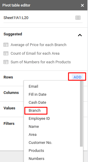 Add branch to Google Sheets Pivot Table.