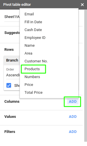 Add products in the Google Sheets Pivot Table.