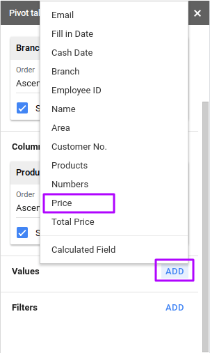 Add price to Google Sheets Pivot table.