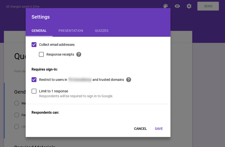 General Google Forms Questionnaire settings.