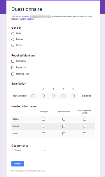 Completed Google Forms Questionnaire.