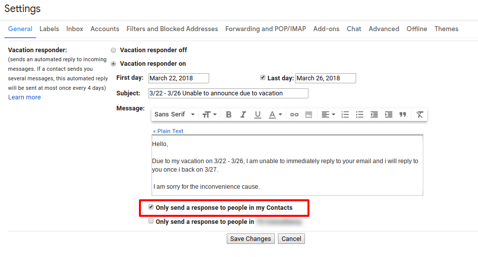 Click to send the Gmail vacation responder only to your contacts.