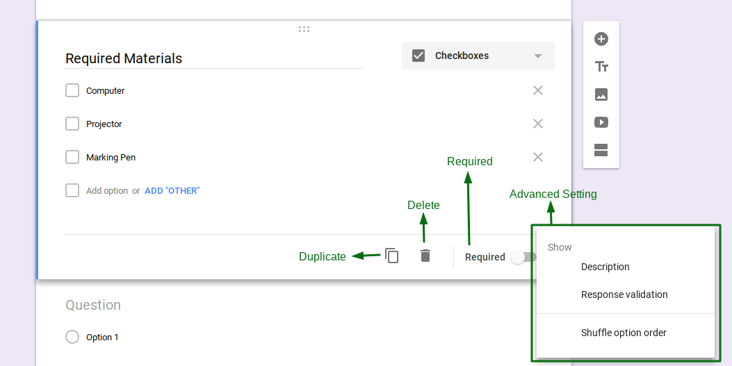 Options for questions in Google Forms Questionnaire.