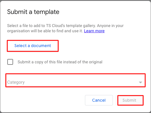Select a document of template to upload in template gallery.