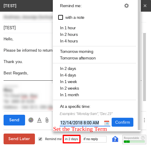 Set the tracking terms for the schedule Gmail messages