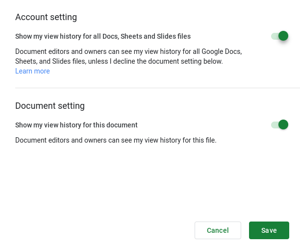 On/Off the account setting and document setting for Google Docs Activity Dashboard.