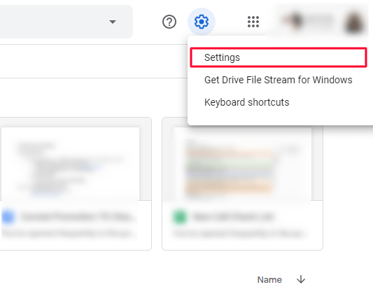 Click settings from the Google Drive