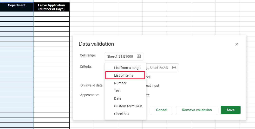 Select the list of items criteria to create items Google Sheets dropdown list