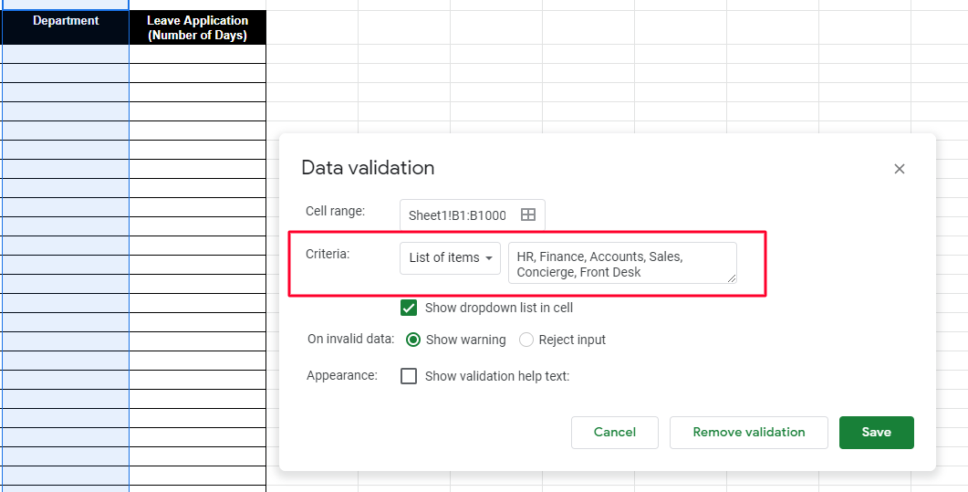 Google Sheets Dropdown List : How to create Data Validation