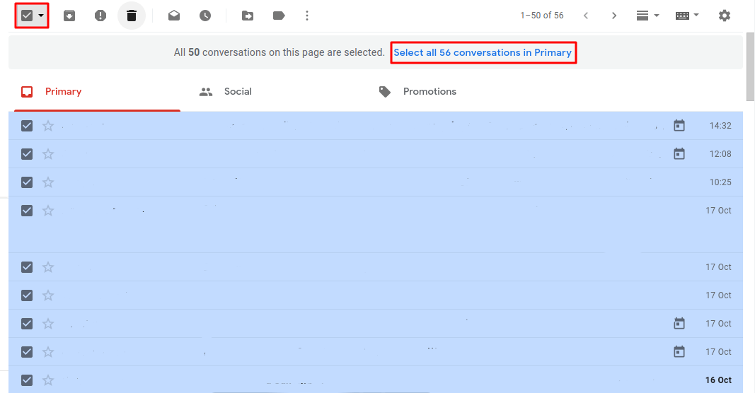 Select all emails to delete bulk Gmail emails.