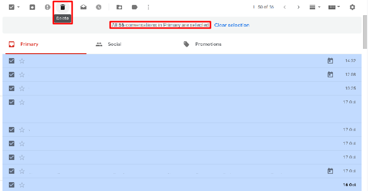 Click delete button to delete bulk Gmail emails.