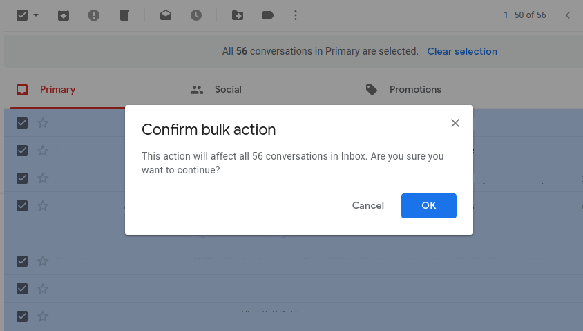 Click okay to confirm delete bulk Gmail emails.