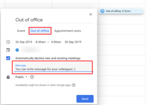 Select the out of office option when creating the event in the Google Calendar.