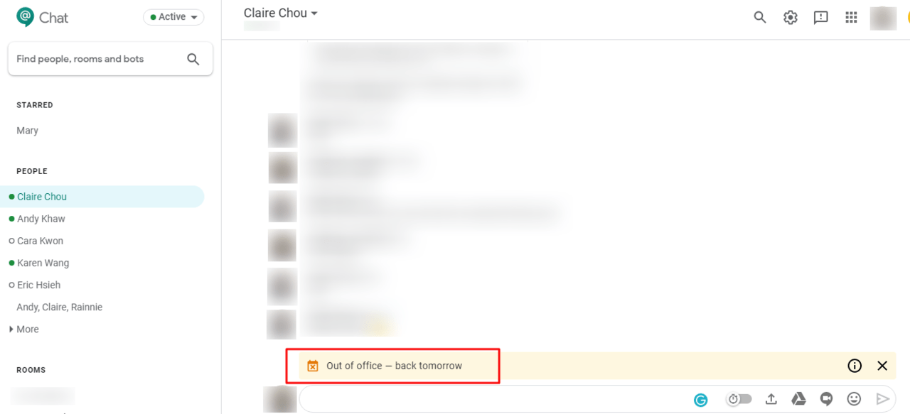 Out-of-Office notification shown in Hangouts Chat.