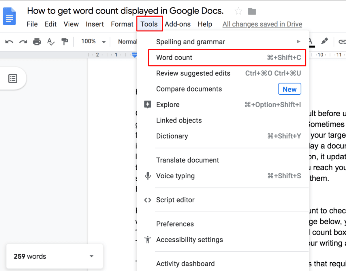 google docs word counter