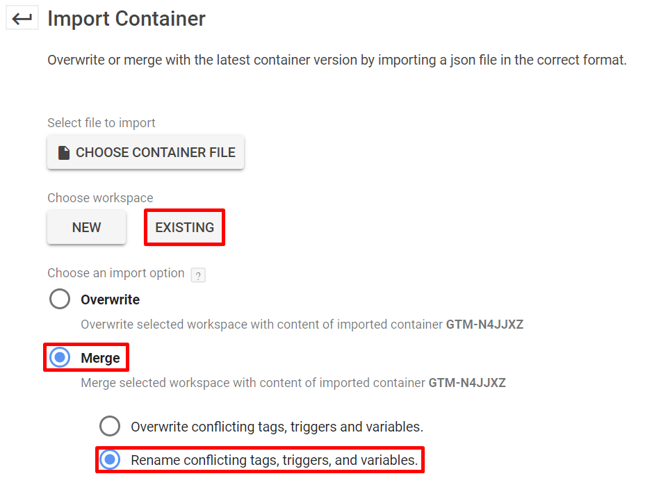 照片為下載的container，並於Choose workplace選擇「Existing」。在Choose an import option的地方，請選擇「Merge」，以及「Rename conflicting tags, triggers and variables」。