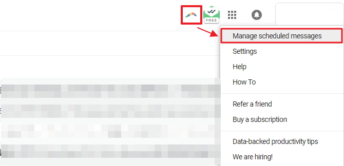 照片中點選 Gmail 畫面右上方的彩色迴旋鏢標誌，選擇「Manage scheduled messages」即可進入排程信件管理後台。