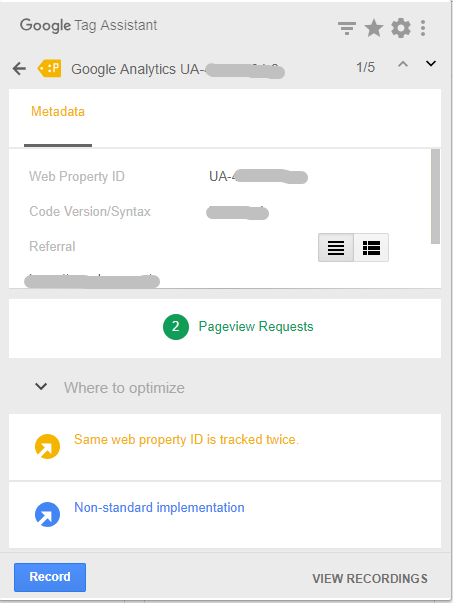 照片為點擊 Google Tag Assistant 黃標籤的結果，內有修正建議