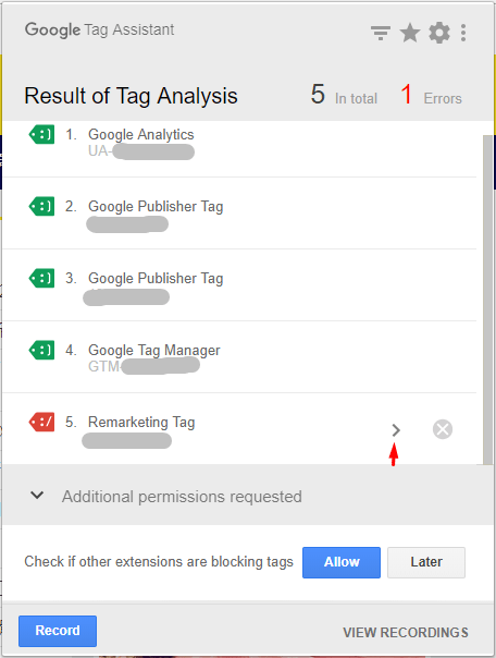 照片為Google Tag Assistant的驗證結果，有不同顏色的標籤，最下方為紅標籤