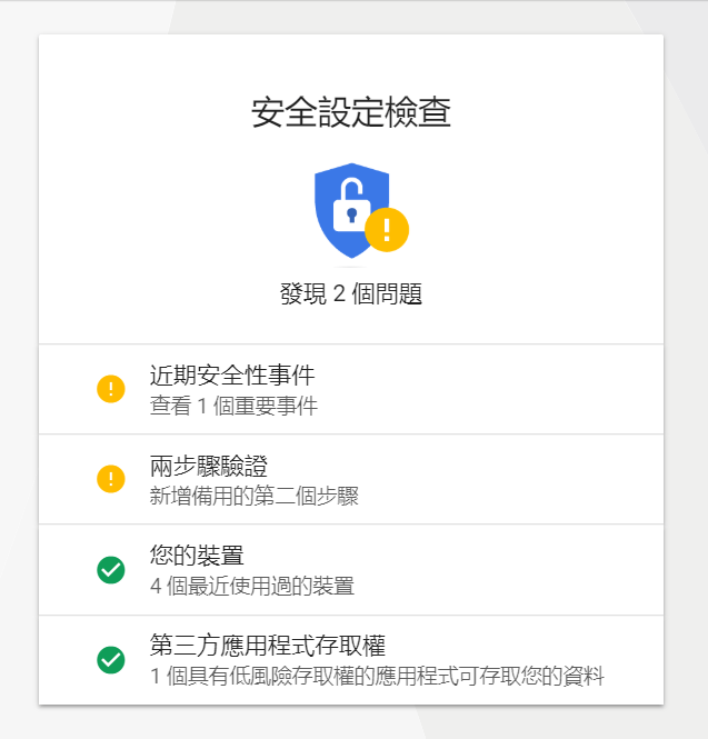 照片為Google帳戶的安全設定檢查，黃色驚嘆號代表有安全性疑慮